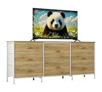 Garvee Cómoda de tela de 8 cajones con parte superior de madera, caja de almacenamiento con marco de metal, organizador de armario ancho para dormitorio, sala de estar, pasillo, madera natural, 62.99