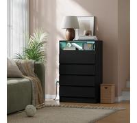 Garvee Cómoda Moderna de 4 cajones con estación de Carga, tomacorriente y Luces LED - Mueble Organizador para Dormitorio, salón o Entrada - Gran Capacidad de Almacenamiento - Color Negro