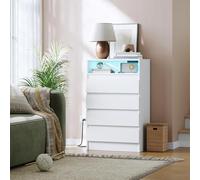 Garvee Cómoda Moderna de 4 cajones con estación de Carga USB, Luces LED y tomacorriente - Mueble Organizador para Dormitorio, Sala de Estar o recibidor - Amplio Almacenamiento - Color Blanco