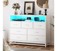 Garvee Cómoda Moderna de 7 cajones con estación de Carga y Luces LED - Gran Capacidad de Almacenamiento en Madera Resistente - Superficie Resistente a rayones y Agua - Mueble para Dormitorio, Sala u