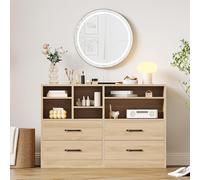 Garvee Cómoda Moderna de Madera con 4 cajones y 6 estantes Abiertos - Organizador Multifuncional para Dormitorio, Sala o recibidor - Estantes Ajustables, Ideal como Mueble TV o Entrada - Color Roble