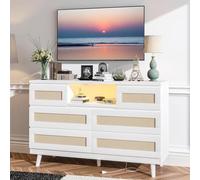 Garvee Cómoda Moderna de ratán con 6 cajones Profundos - Madera Resistente - Luz LED y estación de Carga USB - Armario Doble de 120 cm para Dormitorio, Sala, Entrada o Cuarto de bebé - Color Blanco
