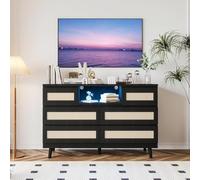 Garvee Cómoda Moderna de ratán con 6 cajones Profundos - Madera Robusta - Luz LED y estación de Carga USB - Armario Multiusos para Dormitorio, salón, Entrada o habitación Infantil - Adecuada como