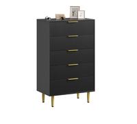 Garvee Cómoda Negra Acanalada de Madera Moderna para Sala de Estar - 5 cajones Grandes - Tiradores y Patas Doradas de Metal - Armario de Almacenamiento Elegante, fácil de Montar. Tamaño: 75x46x121.5