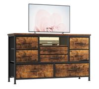 Garvee Cómoda recibidor con 8 cajones y Estructura metálica - Luz LED, estación de Carga (3 enchufes y 2 USB), Tablero de Madera - Diseño Industrial, almacenaje salón, Dormitorio, Pasillo - Color