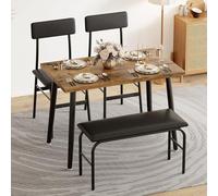 Garvee Conjunto comedor moderno para 4 personas - Mesa con tablero de madera y estructura metálica - Banco tapizado y 2 sillas - Diseño compacto para apartamentos y espacios pequeños - Color Tigerwood