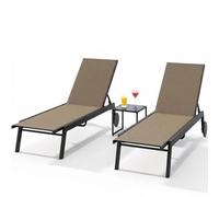 Garvee Conjunto de 2 Tumbonas de Jardín con Mesa Auxiliar, Sillas Reclinables Exterior de Textileno y Estructura de Acero para Terraza y Balcón, Pack de 3 Piezas de Muebles para Patio, Marrón