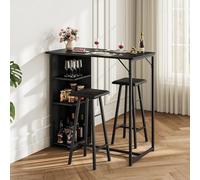 Garvee Conjunto de Bar Industrial 3 Piezas con 3 estantes - Mesa y 2 taburetes, Soporte para Copas - Ideal para Cocina o Comedor pequeño - Negro con Estructura y cojín Negros