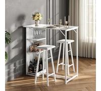 Garvee Conjunto de Bar Moderno 3 Piezas con estantes - Mesa y 2 taburetes para Comedor, Cocina o salón - Compacto, Ideal para Apartamentos pequeños - Acabado mármol + Estructura Blanca (cojín)