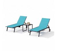 Garvee Conjunto de Jardín de 3 Piezas con 2 Tumbonas de Gravedad Cero Reclinables y 1 Mesa Auxiliar Plegable para Exterior de Hierro y Textileno Acolchado con Reposacabezas, Azul, 165x65x110cm