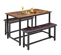 Garvee Conjunto de Mesa de Comedor y 2 Sillas, Industrial Juego de 3 Piezas con Rectangular y 2 Bancos Tapizados, para Cocina, Comedor, salón, Mesa 113×70×75 cm, Marrón