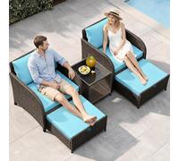 Garvee Conjunto Jardin Exterior, Mesa y Sillas de 5 Piezas,Azul | Material de ratán PE, encimera de vidrio templado, cojines cómodos, resistente al agua, anti-UV, desmontable y lavable