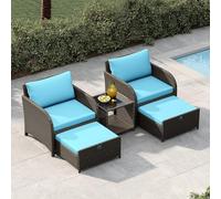 Garvee Conjunto Jardin Exterior - Mesa y Sillas Terraza Exterior de 5 Piezas - Sillones de Jardin con Azul Cojín Impermeable - Material de Ratan - Mesita Cristal Templado - para Terraza y Patio