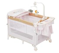 Garvee Cuna de viaje 5 en 1 para bebé - Plegable con ruedas, frenos, colchón, cambiador, móvil musical, bolsa de transporte, cesta de almacenamiento, doble altura, moisés, parque, cama auxiliar,