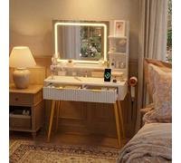 Garvee Escritorio acanalado con espejo y luces, armario pequeño de almacenamiento de maquillaje de 31 pulgadas y 2 cajones, 3 modos de iluminación, elegante tocador para dormitorio