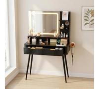 Garvee Escritorio acanalado con espejo y luces, armario pequeño de almacenamiento de maquillaje de 31 pulgadas y 2 cajones, 3 modos de iluminación, elegante tocador para dormitorio