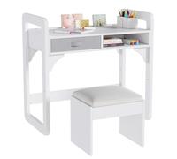 Garvee Juego de Escritorio y Silla Infantil de Madera Altura Ajustable para Niños de 3 a 8 Años - Mesa de Estudio con Cajón, Estante y Porta Bolígrafos, Blanco