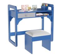 Garvee Juego de Escritorio y Silla Infantil de Madera Altura Ajustable para Niños de 3 a 8 Años - Mesa de Estudio con Cajón, Estante y Porta Bolígrafos, Azul