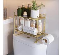 Garvee Estante de almacenamiento de 2 niveles sobre el inodoro, organizador de baño de metal que ahorra espacio con soporte para papel higiénico y 2 ganchos, sin taladro, sobre el estante del tanque
