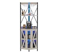 Garvee Estante Esquinero para Vinos De 4 Niveles con Iluminación LED - Armario Bar Plegable MDF y Metal - Soporte para Copas, Puerta De Malla, Enchufe Integrado - Estilo Industrial Gris - Almacenaje