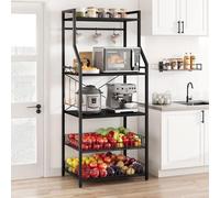 Garvee Estante industrial de cocina de 5 niveles con soporte para microondas - Estante negro con 2 cestas grandes y 8 ganchos para organizar especias y ollas