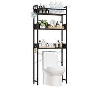 Garvee Estante sobre inodoro de 3 niveles - Organizador de baño independiente - Estantes de madera abiertos con repisa y canasta - Ahorra espacio - Accesorios para baño - Color negro