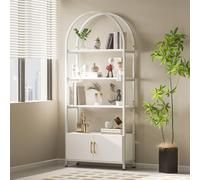 Garvee Estantería arqueada con gabinete, estantería abierta de 4 niveles con puertas, estante alto de almacenamiento para sala de estar, dormitorio, cocina, oficina en casa, color blanco