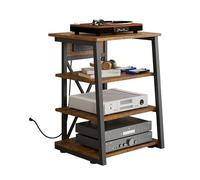 Garvee Estantería Audiovisual Esquinera 4 Niveles Marrón Rústico, Mueble Tocadiscos con Carga USB, Estantes Ajustables y Estructura Metálica En X para Salón y Multimedia 60×48×77 cm