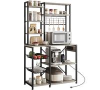 Garvee Estantería De Cocina Estilo Industrial con Enchufes y Ganchos, Mueble para Microondas con Almacenaje, Estación De Café Estrecha con Estantes, 90×40×178 cm (Gris)