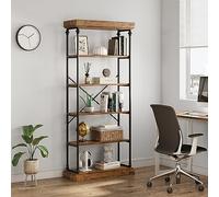 Garvee Estantería de Libros Alta de 6 Niveles - Estilo Industrial Independiente - Estructura de Metal Negro y Madera - Estantes Abiertos para Oficina, Sala de Estar, Dormitorio, Cocina, 187cm, Marrón