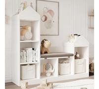 Garvee Estantería Libros Infantil Grande con Asiento - 121 * 30 * 108cm, Estantería Infantil de Madera, Compartimentos Clasificables Multifunción, Librería Infantil Gran Capacidad, Color Blanco