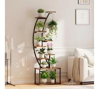 Garvee Estantería Moderna para Plantas de Interior - Metal con luz LED, diseño Media Lunar, 5 Niveles - Ideal para Sala de Estar, decoración Elegante - Acabado Negro y Efecto Madera, Color Negro