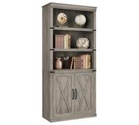 Garvee Estantería Rústica De Madera para Puerta De Entrada - Librero Alto De 5 Niveles con Armario y Puertas De Almacenamiento - Mueble Organizador para Oficina, Salón o Dormitorio - Acabado Gris