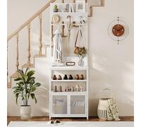 Garvee Estantería Zapatera Moderna con 5 Niveles y Ganchos - Perchero Independiente para Recibidor y Salón - Mueble Organizador de Entrada con Estante Superior y Armario de Malla - Blanco