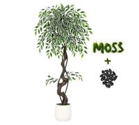 Garvee Ficus Artificial Realista para Decoración del Hogar u Oficina - Planta de Interior y Exterior con Maceta Blanca, Piedras y Musgo - Árbol Decorativo Elegante, Fácil Mantenimiento - Altura: 120cm