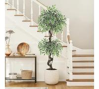 Garvee Ficus Artificial Realista para Decoración del Hogar u Oficina - Planta de Interior y Exterior con Maceta Blanca, Piedras y Musgo - Árbol Decorativo Elegante, Fácil Mantenimiento - Altura: 150cm