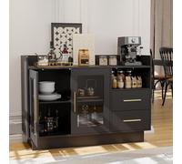 Garvee Gabinete Bar de Vino con Puertas de Vidrio Templado y Luces LED - Gran Capacidad de almacenaje - 2 cajones y estantes - Ideal para Cocina, Comedor u Oficina - Color Negro