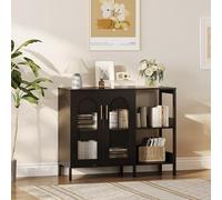 Garvee Gabinete de almacenamiento, moderno gabinete de buffet con puertas de cristal, armario de bar de café con 2 estantes de almacenamiento abiertos y mango de metal, armario decorativo para sala de