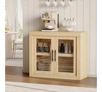 Garvee Gran Capacidad y Diseño Moderno - Aparador Buffet De Comedor 180 cm con 4 Puertas De Transparente Serigrafiado - Encimera Gruesa, Estilo Farmhouse, Madera Blanco Roble Natural