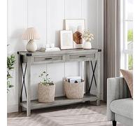 Garvee Grey Boho Farmhouse Console Table with Rattan Drawers - 43" Narrow Entryway Sofa Side Table with Storage Shelf - Modern Accent for Living Room, Hallway, Foyer - Color: Grey