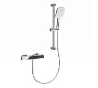 Garvee Grifo termostático de ducha antiquemaduras con botón de seguridad de 38 °C, barra de ducha de acero inoxidable ajustable en altura, 3 funciones, manguera de 1,5 m, juego completo, salida