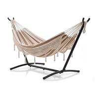 Garvee Hamaca Doble con Soporte de Acero 275cm, Cama de Algodón con Borlas Blancas, Diseño de Rayas Amarillas y Blancas, Capacidad 205kg, Hamaca Portátil y Resistente para Jardín, Terraza y Camping