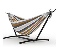 Garvee Hamaca Doble con Soporte de Acero, Cama Colgante de Algodón y Poliéster para 2 Personas, Carga 225kg, Bolsa Transporte Jardín, Terraza, Patio y Exterior, Tela 200x150cm, Rayas Marrón y Café