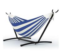 Garvee Hamaca Doble con Soporte de Acero, Cama Colgante de Algodón y Poliéster para 2 Personas, Carga 225kg, Bolsa Transporte Jardín, Terraza, Patio y Exterior, Tela 200x150cm, Rayas Azules y Blancas
