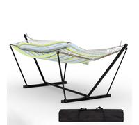 Garvee Hamaca para 2 Personas con Soporte Metálico y Barra de Madera Resistente - Acolchada y Antidesgarro - Portátil para Jardín, Patio o Playa - Rayas Azul y Amarillas