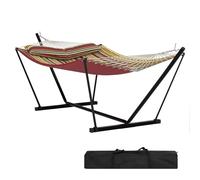 Garvee Hamaca para 2 Personas con Soporte Metálico y Barra de Madera Resistente - Acolchada y Antidesgarro - Portátil para Jardín, Patio o Playa - Rayas Rojas y Amarillas