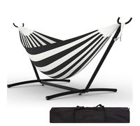 Garvee Hamaca Portátil para 2 Personas Resistente 450 Libras con Soporte Plegable - Ideal para Jardín, Playa y Camping Exterior - Rayas de Gris Oscuro y Blanco