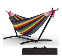 Garvee Hamaca Portátil para 2 Personas Resistente 450 Libras con Soporte Plegable - Ideal para Jardín, Playa y Camping Exterior - Rayas Negras de Arcoíris