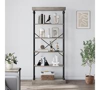 Garvee Industrial Bookshelf with Roman Column Legs - 6-Tier Tall Grey Wood & Metal Bookcase - Open Freestanding Display Shelf for Living Room, Bedroom, Office - Grey