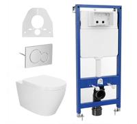 Garvee Inodoro de pared completo - Inodoro colgante de altura regulable con asiento en forma de D y dispositivo de descenso automático, cisterna empotrada, alfombrilla insonorizada, placa pulsadora